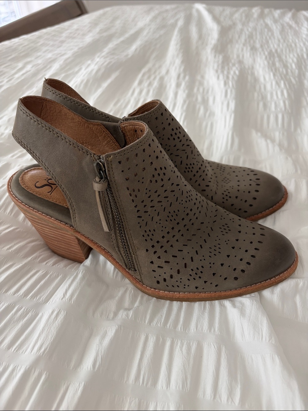 Sofft Olive Perforated Slingback Leather Upper Block Heel Mules